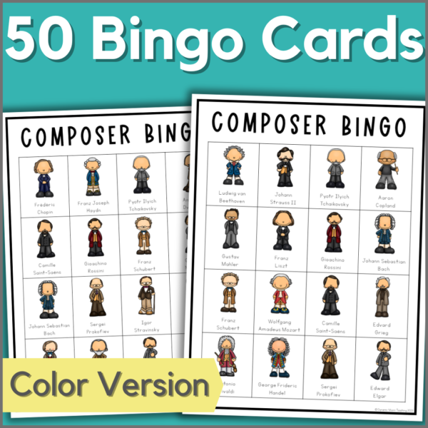 images of 2 of the 50 composer bingo cards - color version