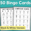 images of 2 of the 50 classical music composer bingo cards - black & white version