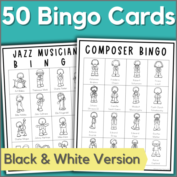 images of 2 of the 50 classical music composer bingo cards - black & white version