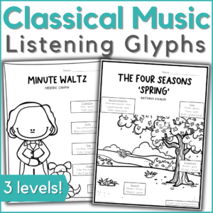 classical music listening worksheets and listening glyphs in 3 levels - images of pages from this music resource
