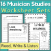 16 musician studies worksheet sets - read, write, and listen