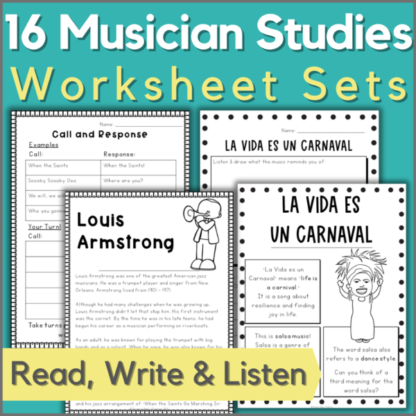 16 musician studies worksheet sets - read, write, and listen