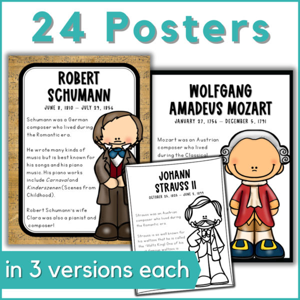 24 classical composer bulletin board posters in 3 versions each