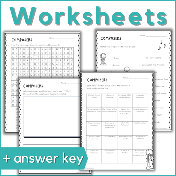 worksheets + answer key to accompany the classical composer posters