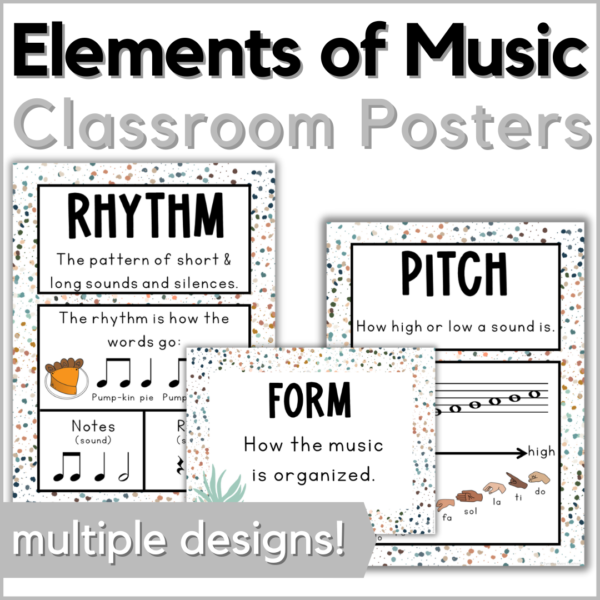 Elements of music classroom posters in multiple boho neutral designs