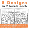 8 fall color by music worksheet designs in 2 levels each - everything included in both North American and British term versions