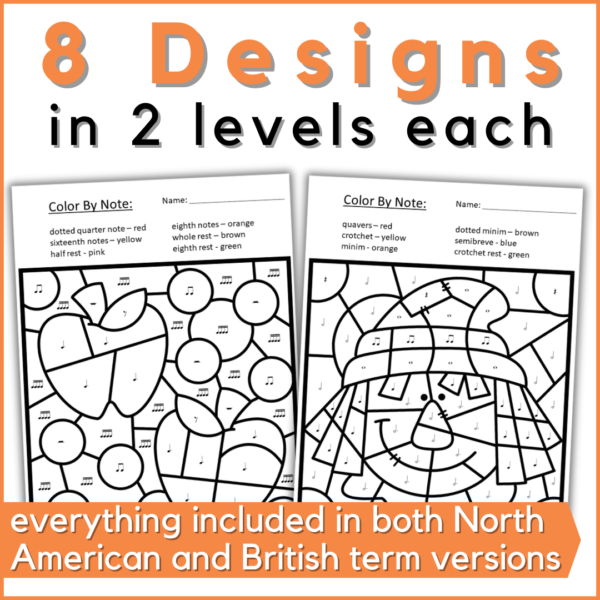 8 fall color by music worksheet designs in 2 levels each - everything included in both North American and British term versions