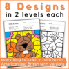 8 fall color by rhythm worksheets designs in 2 levels each - everything included in both North American and British term versions