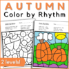 Autumn / fall color by rhythm music worksheets in 2 levels - images of pages from the resource