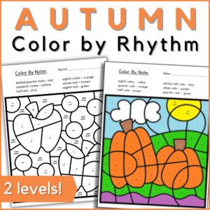 Autumn / fall color by rhythm music worksheets in 2 levels - images of pages from the resource