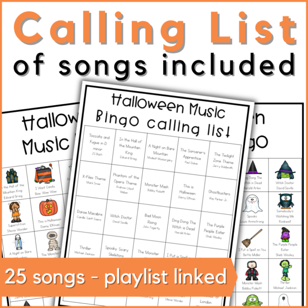 Halloween music bingo includes a calling list of the 25 songs included - playlist is linked