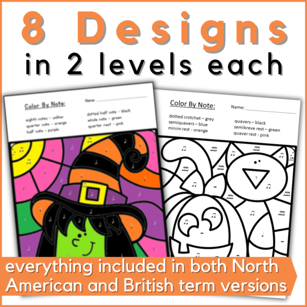 8 Halloween color by rhythm page designs in 2 levels each - wverything included in both North American and British terminology