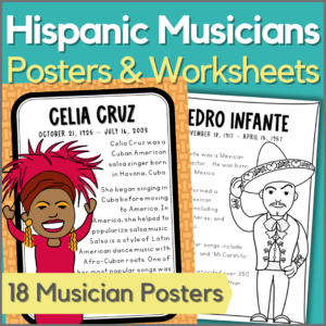 Hispanic Heritage Month Music Activities - Hispanic Musicians Posters and Worksheets - 18 posters