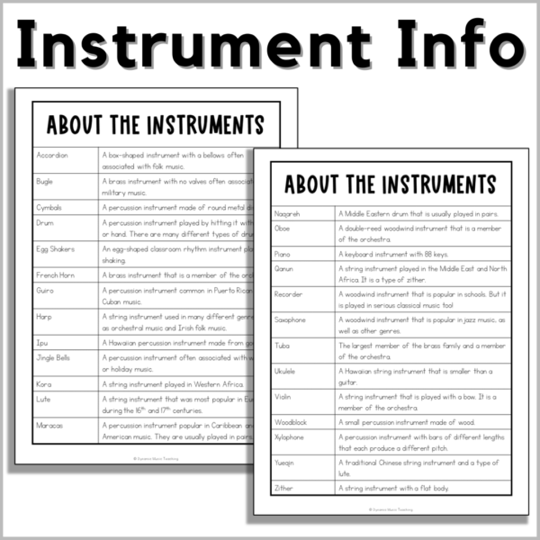 music instrument info sheets included