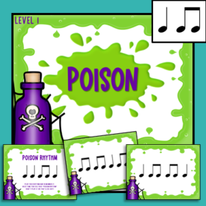 poison rhythm game for music lessons or piano lessons - level 1 includes ta and ti-ti / quarter note and eighth notes