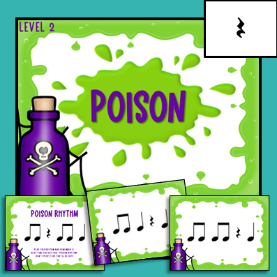 Poison Rhythm Game Level 2 - quarter rest - image of slides from the music game