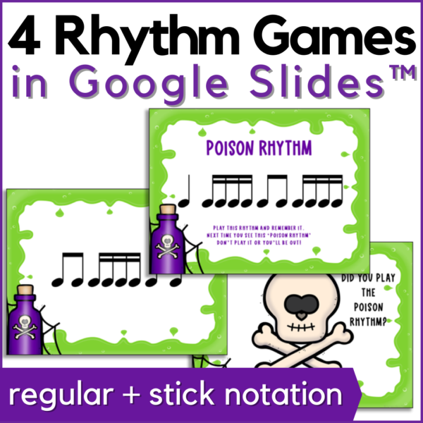 poison rhythm game for sixteenth notes - 4 rhythm games in both regular and stick notation