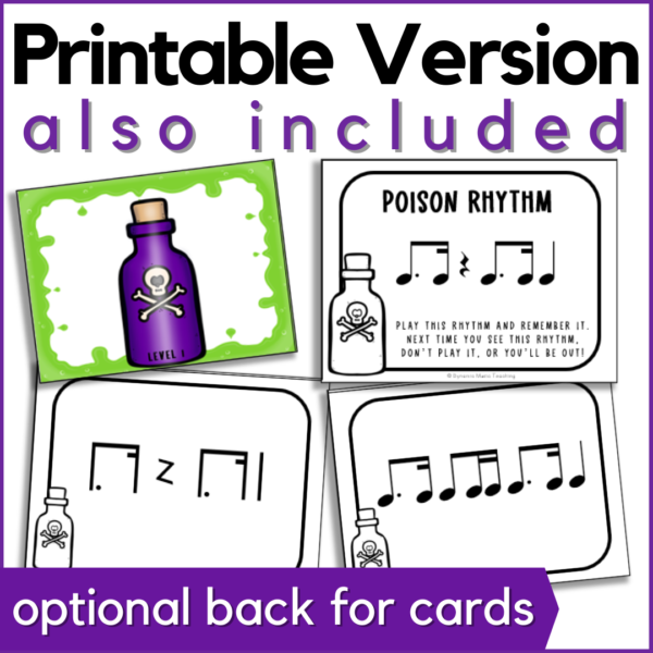 printable version of the poison rhythm game is also included with an optional back for the cards