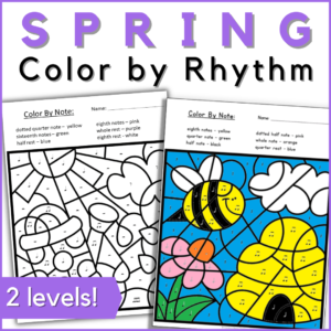 spring color by rhythm music worksheets in 2 levels - images of 2 worksheets from the set