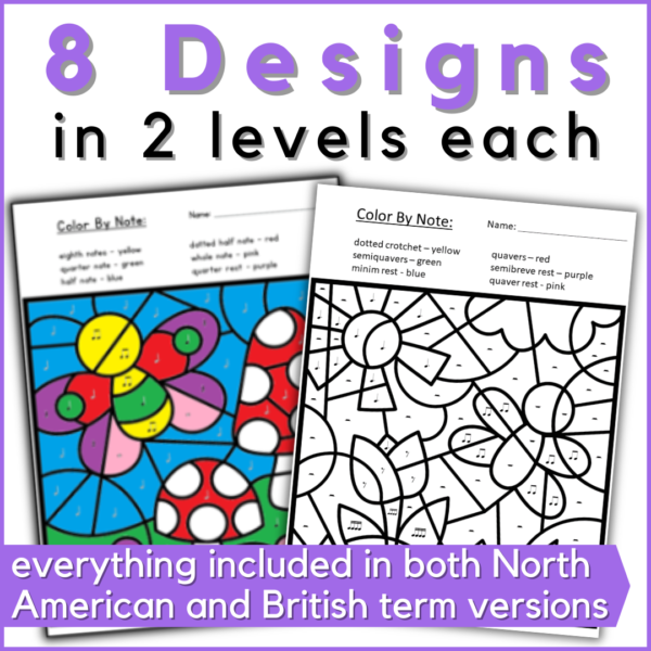 8 spring color by rhythm designs in 2 rhythm levels each - everything included in both North American and British terminology