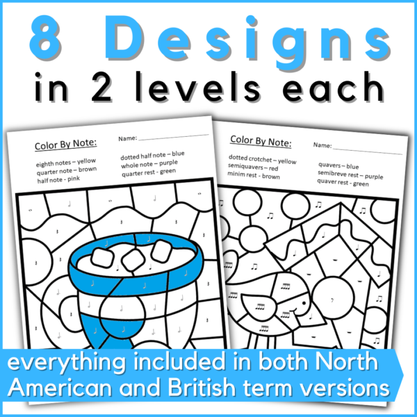 8 winter music coloring designs in 2 levels each - everything included in both North American and British terminology