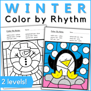 Winter color by rhythm worksheets in 2 levels