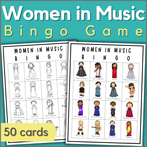 women in music bingo game with 50 cards - image of 2 bingo cards