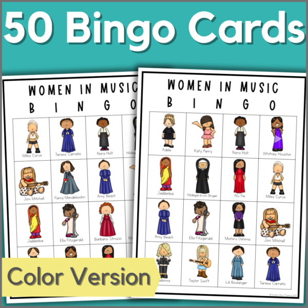 50 women in music bingo cards in color