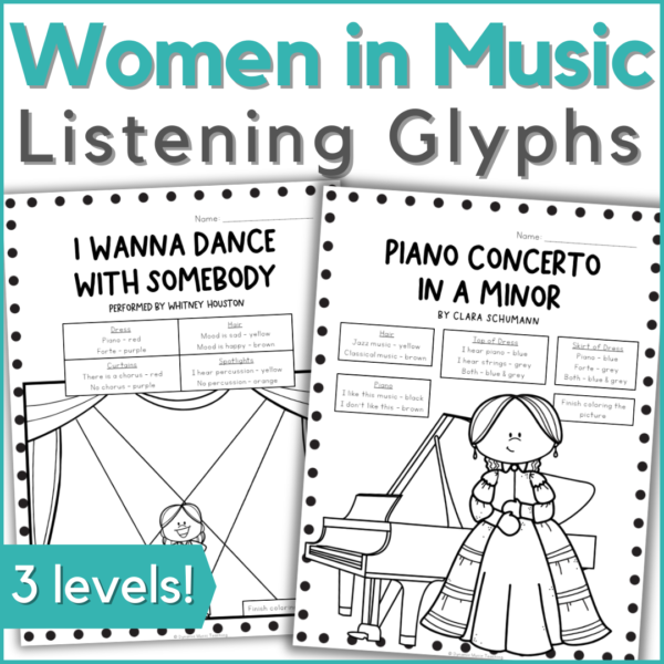 Women in music listening glyphs in 3 levels - image is of 2 pages from the resource