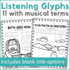 11 women in music listening glyphs with musical terms - includes blank title options