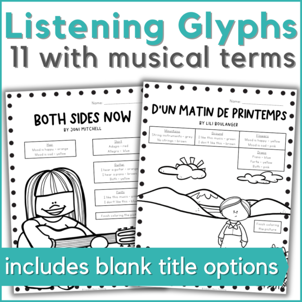 11 women in music listening glyphs with musical terms - includes blank title options