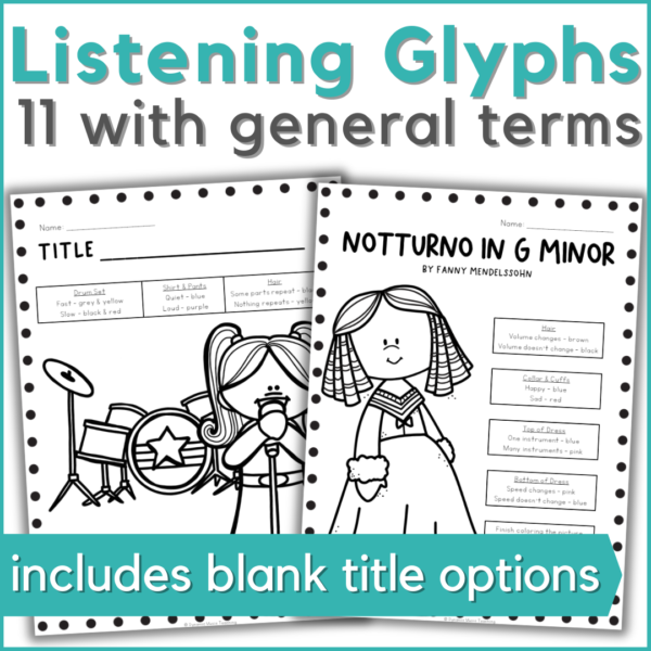 11 women in music listening glyph worksheets with general terms - includes blank title options