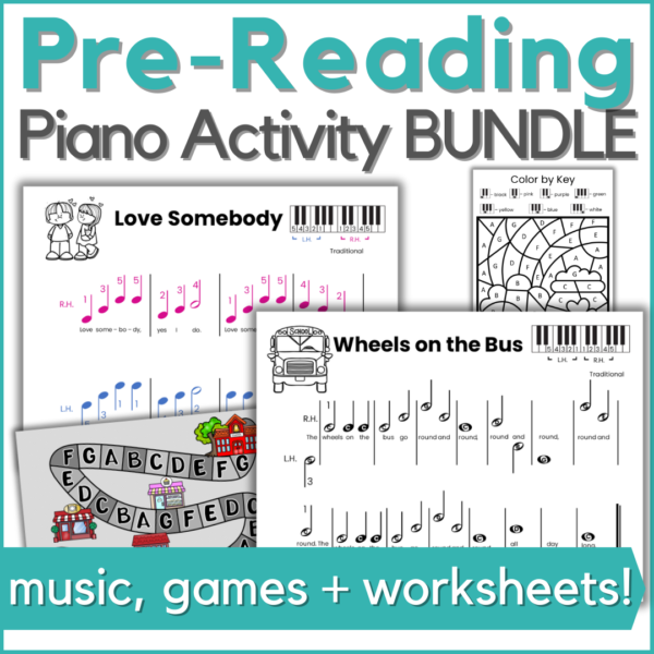 pre-reading piano sheet music and activities bundle - music, games, and worksheets