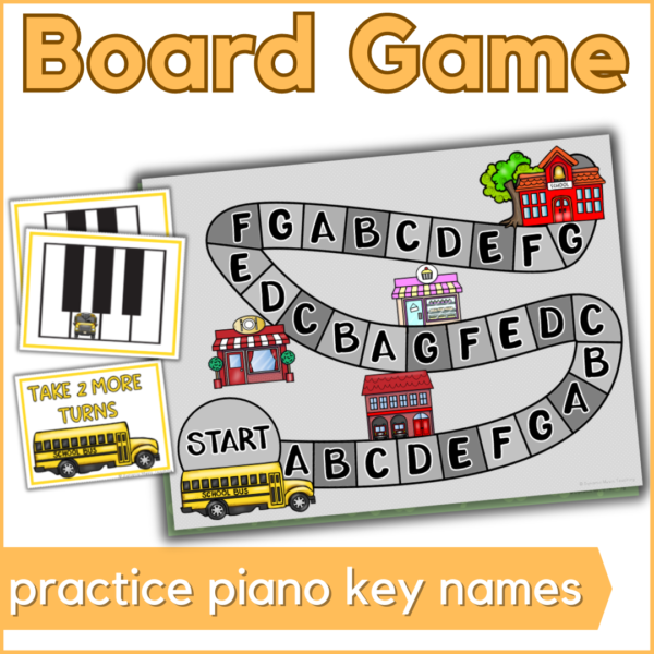 practice piano key names with this school bus themed piano board game