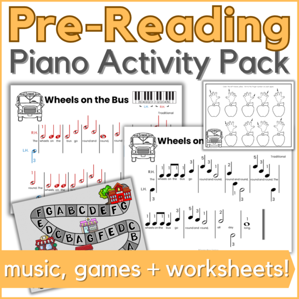 The Wheels on the Bus Pre-Reading piano activity pack - music, games + worksheets