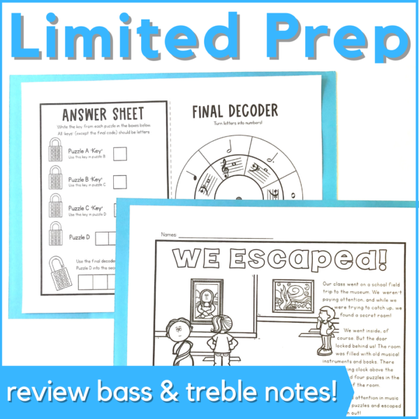 Limited prep is needed for this printable music escape room. Review bass and treble staff notes.