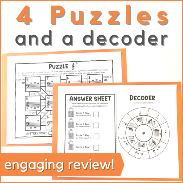 This intermediate music escape room has 4 puzzles and a decoder for engaging review!