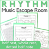 Rhythm Music Escape Room for half rest, whole rest, and dotted half note. Image of pages from the alien themed music game.