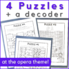 This printable music escape room include 4 rhythm puzzles and a decoder. The theme is 'at the opera!'