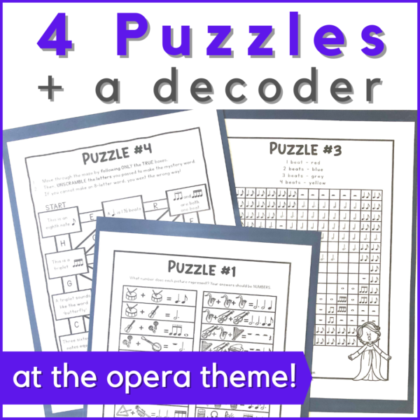 This printable music escape room include 4 rhythm puzzles and a decoder. The theme is 'at the opera!'