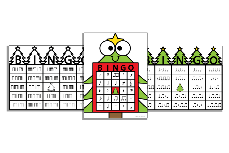 Christmas rhythm bingo and music symbol bingo cards