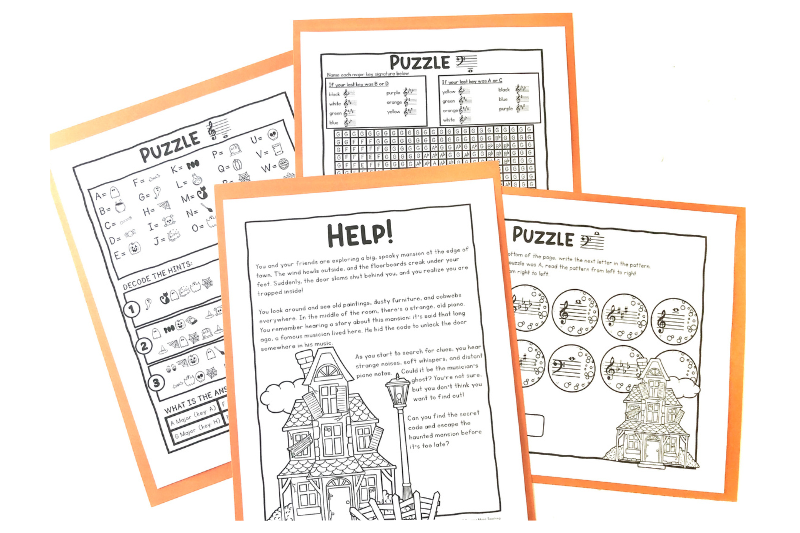 Image of pages from a printable Halloween music escape room game. This Halloween music game reviews key signatures and ledger lines.