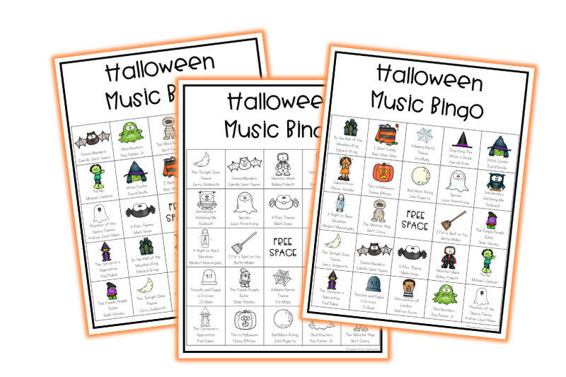 Image of 3 Halloween music bingo game cards