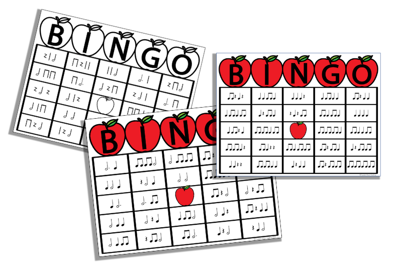 image of 3 printable rhythm bingo game cards