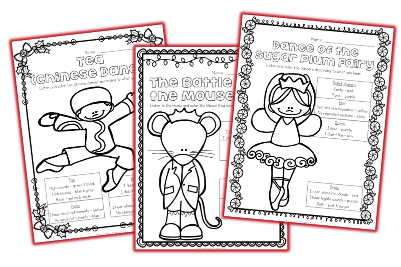 images of 3 listening glyphs to use for The Nutcracker music activities.