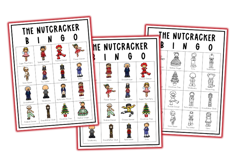 image of three Nutcracker bingo cards for The Nutcracker music activities.