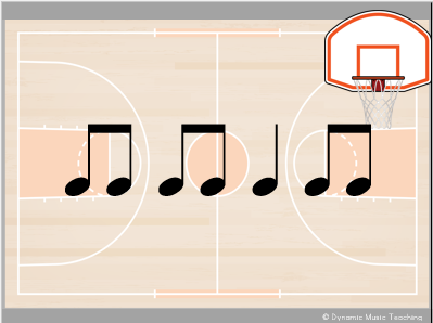 Example rhythm slide from Rhythm Trashketball showing the printable rhythm review activity for music class