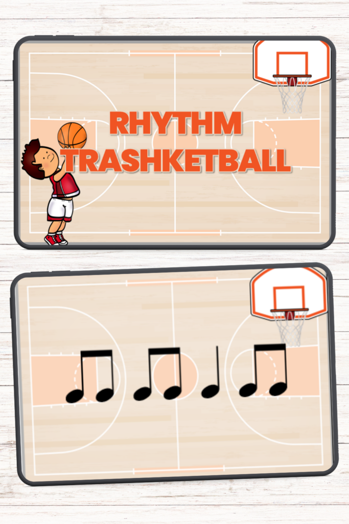 Fun rhythm review game for elementary music students - Rhythm Trashketball classroom activity