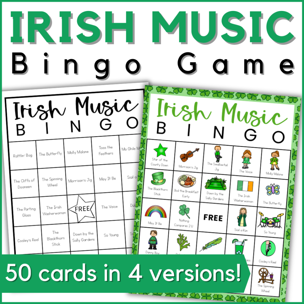 Irish Music Bingo cards for St. Patrick’s Day, a listening game for music class