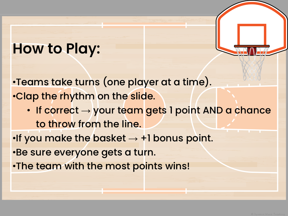 Rhythm Trashketball game instructions for fun rhythm review activities in elementary music classroom